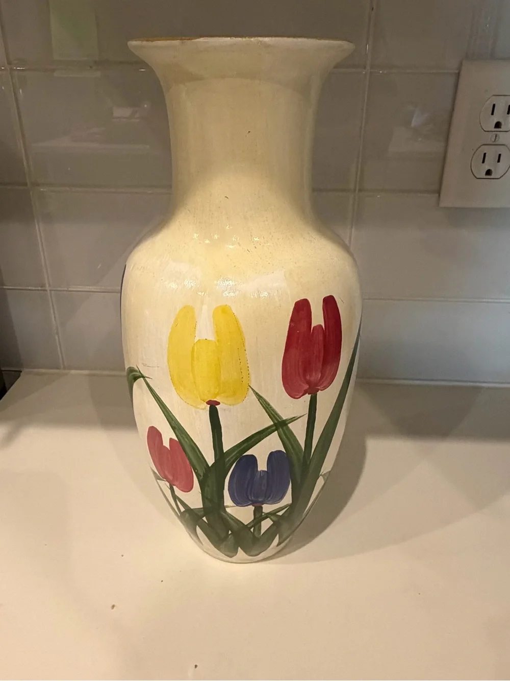Hand-Painted Tulip Ceramic Vase - Cream Vintage Watt